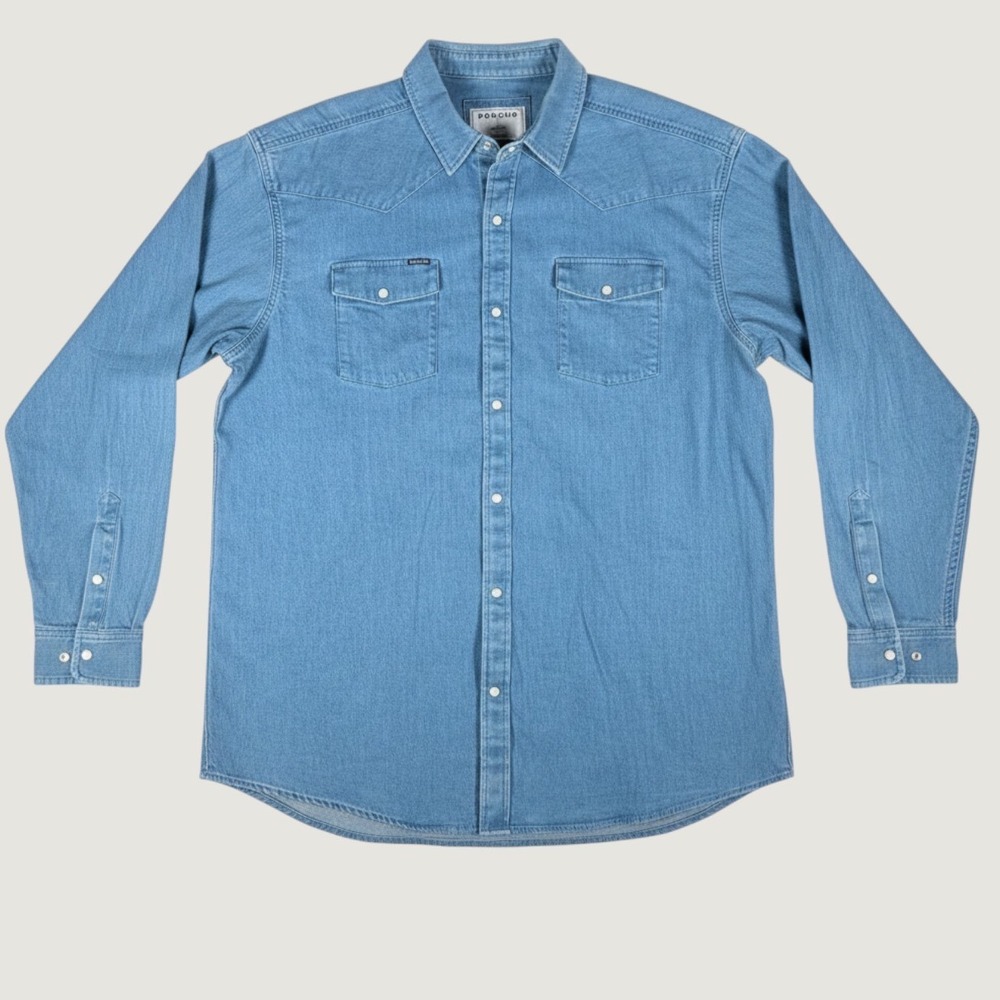 Poncho Mens XL Regular Fit Light Wash Western Denim Pearl Snap Shirt Long Sleeve